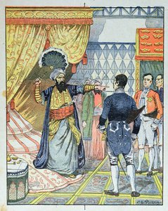 The Dey of Alger, Hussein ibn El Hussein slår den franske ambassadøren, M. Deval med en fan, 27. april 1827, omslag til en skolebok, 1891
