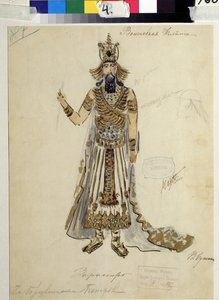 Kostymedesign for operaen ""Tryllefløyten"" av Wolfgang Amadeus Mozart (1756-1791)(Kostumedesign for operaen ""die Zauberflote"" av W A Mozart). Verk av V.Bushina (begynnelsen av det 19. århundre). Akvarell, gouache og gull på papir av V. Bushina