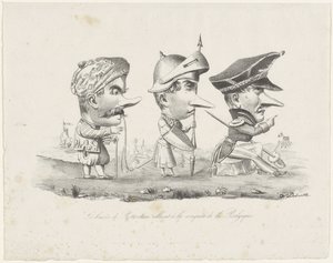 Tegneserie av Rotterdam-militsen, 1830 Les braves de Rotterdam allant à la conquête de la Belgique (tittel på objekt) av V. Dubrulle
