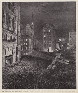 Newspaper Row, New York City, natten til det amerikanske presidentvalget, 8. november 1892 (litho) av V. Perard