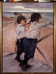 Barn. (To brødre, på en trepontong, foran Østersjøen). Maleri av Valentin Alexandrovich Serov (1865-1911), olje på lerret av Valentin Aleksandrovich Serov