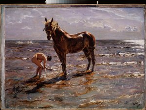 Hestens bad. (Ung naken mann spruter en hest, to andre skikkelser løper ut på havet). Maleri av Valentin Alexandrovich Serov (1865-1911), olje på lerret