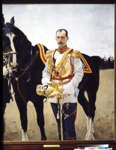 Portrett av storhertug Paul Alexandrovich av Russland (1860-1919). (Portrett av storhertug Paul Alexandrovich av Russland). I uniformen til en offiser for kavaleriet til den keiserlige russiske hæren, nær hesten hans. Maleri av Valentin Alexandrovich Serov av Valentin Aleksandrovich Serov