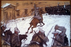 Rød søndag (blodig søndag) i St. Petersburg: "" Militær undertrykkelse under 1905-demonstrasjonene i St. Petersburg""" kavaleriet til tsar Nicholas II anklager grevistene som kom fredelig for å protestere foran Vinterpalasset 22./ 01/1905 av Valentin Aleksandrovich Serov