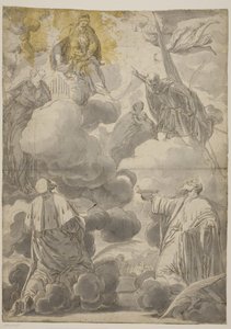 Jomfruen og barnet i skyene omgitt av engler og Sts Cosmas og Damian, Cecilia, Secondo og Marina av Valentin Lefèvre