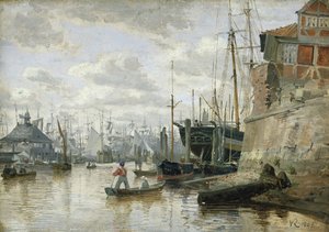 Tømmerhytta ved Hamburg havn, 1848 (olje på papir om bord)