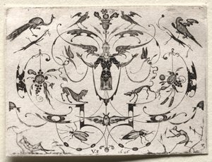 Arabesque med påfugl, parakitt, hunder og insekter, 1626. av Valentin Sezenius