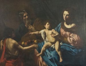 Hellig familie med den unge døperen Johannes av Valentin de Boulogne