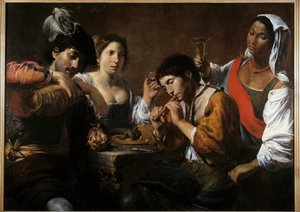 Møte i en kabaret Maleri av Valentin de Boulogne (1591-1632) 1600-tallet søn. 0,96x1,33 m av Valentin de Boulogne