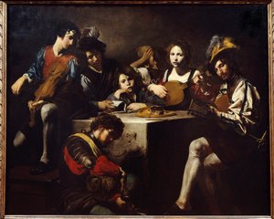 Lavrelieffkonserten. Musikere samlet seg rundt et skulpturert alter. Maleri av Valentin de Boulogne (1591-1632). Dim. 1,73 X 2,14m.