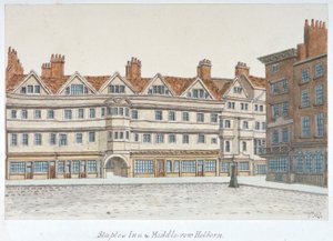 Utsikt over Staple Inn og bygningene til Middle Row i sentrum av Holborn, London, 1850.