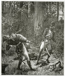 Rask hunden dreper en engelsk soldat - illustrasjon fra Bug-Jargal, gravering fra 1800-tallet bw av Valnay Pere et fils