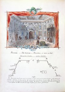 Scenografi og sceneanvisninger for en produksjon fra 1877 av Hernani av Victor Hugo (1802-85), 1879 (blekk og gouache) av Valnay Pere et fils