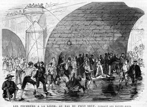 fiskeren har snøret i bunnen av broen ni i paris i 1868 under lavvannet. tegning av Desroches - Valnay. av Valnay Pere et fils