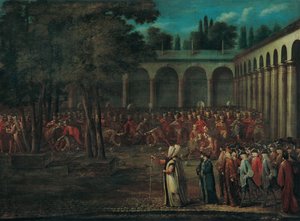 Ambassadørdelegasjonen passerer gjennom den andre gårdsplassen til Topkapı-palasset, 1720-tallet