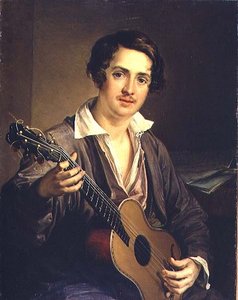 Gitarspilleren: Portrett av den virtuose gitaristen Vladimir Ivanovich Morkov (1803-64) 1839 (olje på lerret)