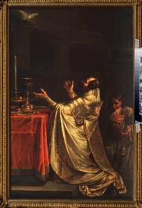 Basilikum den store (330-379) (eller Basil fra Cesarea) som bøyer seg foran Den Hellige Ånds due (Den Hellige Ånd) - Basil den store - Maleri av Vasili Kuzmich Shebuev (1777-1855), olje på lerret av Vasili Kuzmich Shebuev