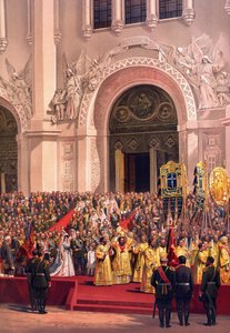 Kroningsalbum av tsar Alexander III av Russland (1845-1894) og keiserinne Maria Feodorovna (Dagmar av Danmark) (1847-1928) - Det keiserlige paret forlater katedralen Kristus Frelseren (Fra kroningsalbumet) av Vasili Petrovich (Petr.