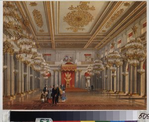 Throne Room (Hall of Saint George) i Vinterpalasset i St. Petersburg. Verk av Vasily Semyonovich Sadovnikov (1800-1879), akvarell på papir. Russisk kunst fra 1800-tallet. A. Pushkin Memorial Museum, St. Petersburg.