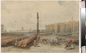 Parade av Life-Guards Horse Regiment på Palace Square - Vasily Semyonovich Sadovnikov (1800-1879). Akvarell og hvit farge på papir av Vasili Semenovich Sadovnikov