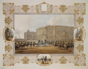 Gjennomgang av Horse-Guardsmen Regiment foran Vinterpalasset, 1850-årene av Vasili Semenovich Sadovnikov