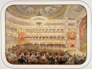 Auditoriet til St. Petersburgs keiserlige Bolshoi Kamenny-teater av Sadovnikov, Vasily Semyonovich (1800-1879). Akvarell, Gouache på papir, størrelse: 35x26