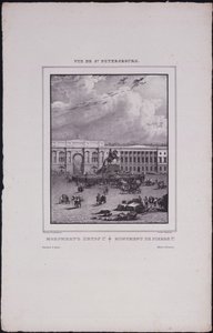 Utsikt over St. Petersburg. Rytterstatuen av Peter den store på Senatsplassen, 1833 av Vasili Semenovich Sadovnikov