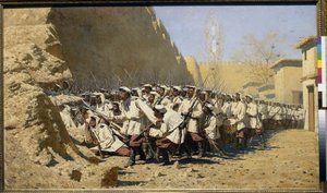Til festningsverkene, slipp dem inn! (samling av troppene før slaget) (Ved festningsmurene; slipp dem inn!) - Maleri av Vasili Vasilyevich Vereshchagin (Vereshchagin) (1842-1904), olje på lerret (95x160,5 cm) av Vasili Vasilievich Vereshchagin