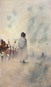 Napoleon Bonaparte står blant soldatene sine foran Moskva (fargelitografi)