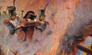 Soldater leder Napoleon Bonaparte gjennom ilden i Moskva (fargelitografi)