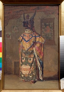 A Lama at a Buddhist Feast in the Rumtek Monastery in Sikkim (India) (Lama at a Buddhist Feast in the Rumtek Monastery in Sikkim) - Maleri av Vasili Vasilyevich Vereshchagin (Vassili Vereshchagin) (1842-1904), olje på lerret av Vasili Vasilievich Vereshchagin