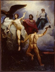 Vulcan chaining Prometheus (Vulcanus Chaining Prometheus). Maleri av Vasily Yevmenievich Savinsky (1859-1937), olje på lerret 1881. Museum of Fine Arts Academy, St. Petersburg. av Vasili Yevmenievich Savinsky