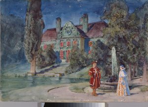 Forberedende dekor, en hage foran et hus, for operaen ""Boris Godounov"" av Modeste Moussorgsky (1839-1881) - Scenedesign for operaen Boris Godunov av Modeste Musorgsky - Verk av Vasili Dmitrievich Polenov (1844-1927) , akvarell og gouache på av Vasilij Dmitrievich Polenov