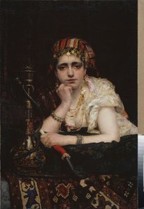 En odalisk. (Portrett av en haremskvinne, med et melankolsk blikk, som holder en vannpipe). Maleri av Vasili Dmitrievich Polenov (1844-1927), olje på lerret. Russisk kunst fra 1800-tallet, orientalisme. Nasjonalt kunstmuseum for den hviterussiske republikk av Vasilij Dmitrievich Polenov