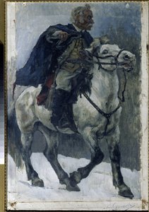 Alexander Suvorov (1729-1800) til hest. (Alexander Suvorov til hest). Den russiske helten beskrives mens han krysser Alpene, i spissen for russiske tropper, under det italienske felttoget (1799-1800). Maleri av Vasilli Ivanovich Surikov (Vasily Surik