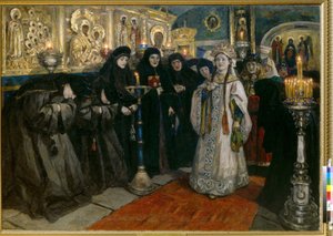 Storhertuginnen besøker et kloster. (Tsarevna besøkte et nonnekloster). Maleri av Vasilli Ivanovich Sourikov (Vasily Surikov eller Vasily Surikow) (1848-1916), olje på lerret