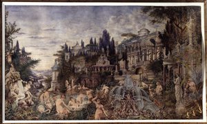 En orgie (En orgie). Feiringsscene foran gamle romerske palasser, som samler en dionysisk kortege av satyrer og bacchanter i badescener. Verk av Vassili (Vasili, Vasilii, Wilhelm) Alexandrovich Kotarbinsky (Kotarbinski, Kot av Vasily Alexandrovich Kotarbinsky