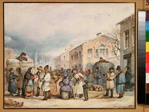 The Hay Market Place i St. Petersburg - Verk av Vasili Ivanovich Shternberg (1818-1845), akvarell på papir av Vasily Ivanovich Sternberg