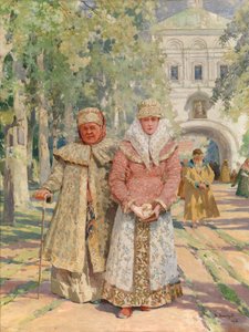 Utenfor klosterporten - Maleri av Vasily Ivanovich Navozov (1862-1919), olje på lerret (49x41,5 cm) av Vasily Ivanovich Navozov