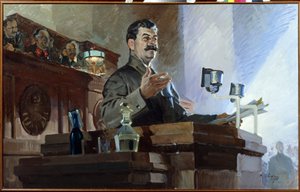 Joseph Stalin (Stalin) (Joseph Vissarionovich Djougachvili dit) (1879-1953) redefinerer den sovjetiske grunnloven (Stalin-konstitusjonen) under den 8. ekstraordinære sovjetkongressen 5. desember 1936. Vi ser Vyacheslav Molotov (1890-1986) på dr. av Vasily Semyonovich Svarog
