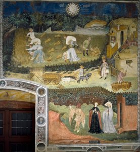 August: Høst i en hveteåker. Hveten høstes, baller og transporteres i vogner. En munk leser bønner i et kapell. Foran damer med hauker og en falkonerer. Maleri av Månedens Mester eller Mester Wenceslas (Maestro dei Mesi eller Maestro W