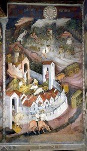 Desember: tømmerhuggerne samler veden og bringer den tilbake til byen Trento hvor muren og slottet Buonconsiglio er representert. Maleri av Månedens Mester eller Mester Wenceslas (Maestro dei Mesi eller Maestro Wenceslao på italiensk, begynner