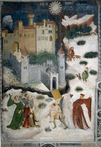 Januar måned: snølandskap med aristokrater og jegere. Aristokrater spiller snøballer mens jegere går på jakt med hundene sine. Nederst Castello di Stenico-slottet og en mann med nøkkelen er klar til å åpne festningsdøren. Maleri av Mas