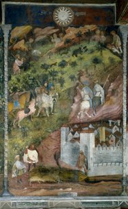 November måned: vinteraktiviteter. Griseoppdrettere drar tilbake til byen og jegere drar på bjørnejakt. Maleri av Månedens Mester eller Mester Wenceslas (Maestro dei Mesi eller Maestro Wenceslao på italiensk, begynnelsen av 1400-tallet) restaurert av Marce