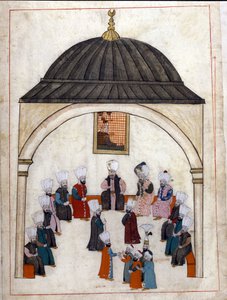 Administrasjon under det osmanske riket: en høring ledet av Grand Vizir. Miniatyr fra "" Turkish Memorials"" (kodeks Cicogna 1971 "Memorie Turchesche") Akvarell fra 1600-tallets venetianske skole.