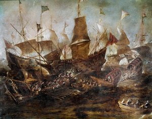 Kamp mellom venetianske og tyrkiske flåter Maleri av den venetianske skolen. 17. århundre. Istanbul, Sjøfartsmuseet