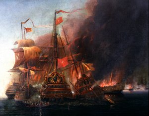 Kamp mellom de osmanske flåtene og de venetianske flåtene utenfor Famagusta under beleiringen av Kypros i 1570 Maleri av den venetianske skolen på 1500-tallet. Istanbul, Sjøfartsmuseet