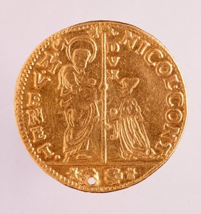 Gullmynt (zecchino eller paljett) fra Venezia: dogen Nicolo Contarinis regjeringstid (1630-1631). Diameter 3,4 cm Roma, nasjonalt terminmuseum