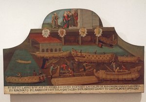 Skilt til skipssnekkerlauget i Arsenale i Venezia av Venetian School