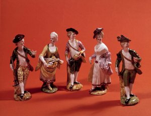 Små figurer som representerer karakterer (jeger, menagere, dame i det høye samfunnet...) Porselensstatuetter fra den venetianske skolen fra 1700-tallet. Paris, dekorativ kunst av Venetian School
